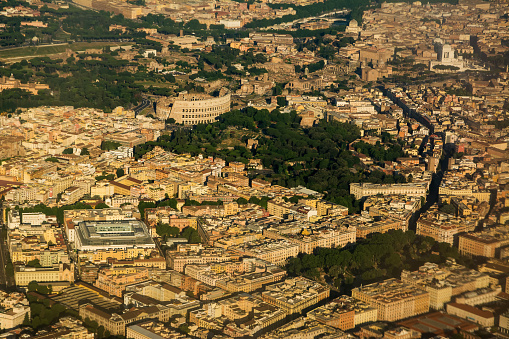 The famous Colosseum amphitheater seen from above in the center of Rome