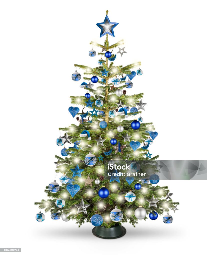 Foto de Real Natural Nordmann Árvore De Natal De Natal Com Gasolina Azul  Prata Turquesa E Decoração De Madeira Coração De Estrela Bugiganga E Luzes  Led Brilhantes Isoladas Fundo Branco e mais