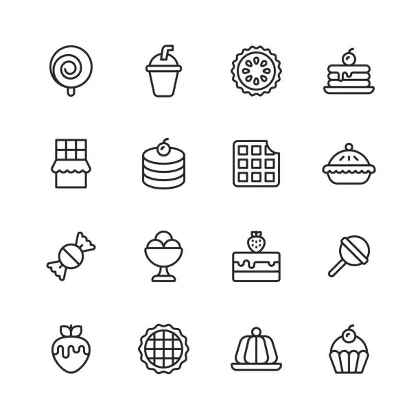 Vector illustration of Dessert Line Icons. Editable Stroke. Pixel Perfect. For Mobile and Web. Contains such icons as Sweet, Dessert, Cake, Cupcake, Croissant, Ice Cream, Candy, Chocolate.