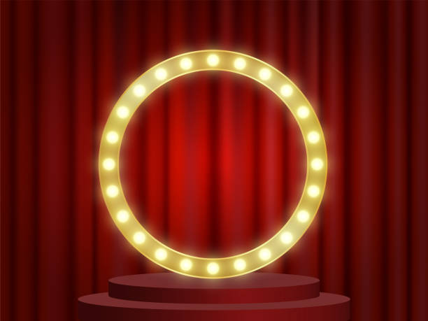 空白のコピースペース、マーキーの背景を持つレトロなベクトル電気記号。パフォーマンス、映画、エンターテイメント、ルーレット、ポーカーのためのタイムボードを表示します。赤いベ� - curtain stage theater theatrical performance red点のイラスト素材／クリップアート素材／マンガ素材／アイコン素材