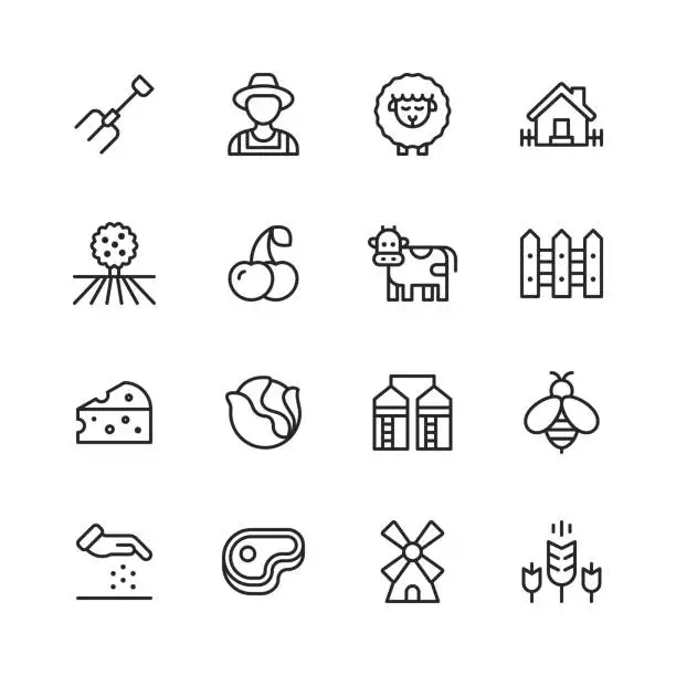 Vector illustration of Farming Line Icons. Editable Stroke. Pixel Perfect. For Mobile and Web. Contains such icons as Farm, Agriculture, Field, Barn, Animal, Tractor, Vegetable, Fruit, Ecology.