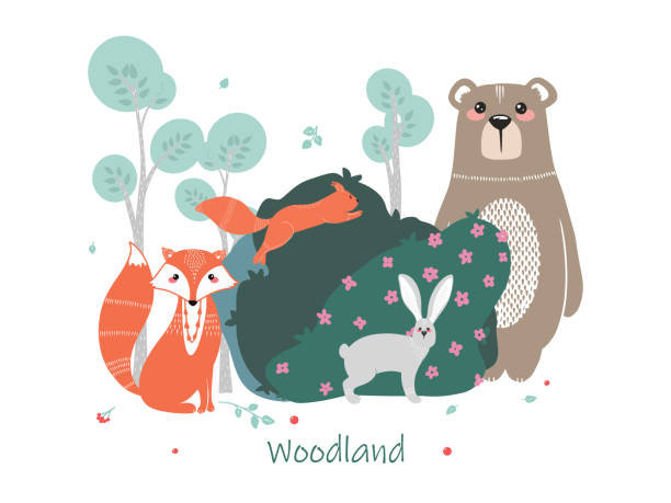 ilustrações de stock, clip art, desenhos animados e ícones de cute animals on the background of the forest, trees, plants. bear, fox, squirrel, hare. forest animals. vector illustrations in the scandinavian style - scandic