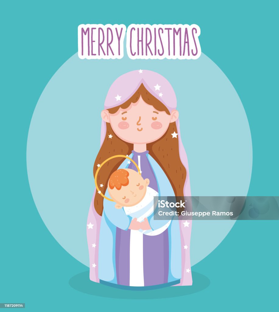 mary con el bebé en los brazos de la natividad del pesebre, feliz Navidad - arte vectorial de Natividad - Objeto religioso libre de derechos mary con el bebé en los brazos de la natividad del pesebre, feliz Navidad - arte vectorial de Natividad - Objeto religioso libre de derechos