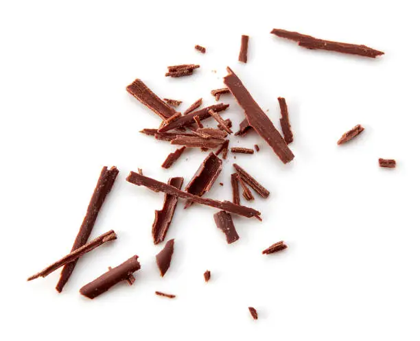 chocolate shavings isolated on white background, top view