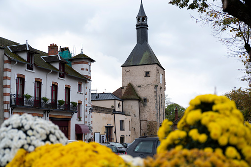 Architecture of old houses on the square of a village in Burgundy, France
