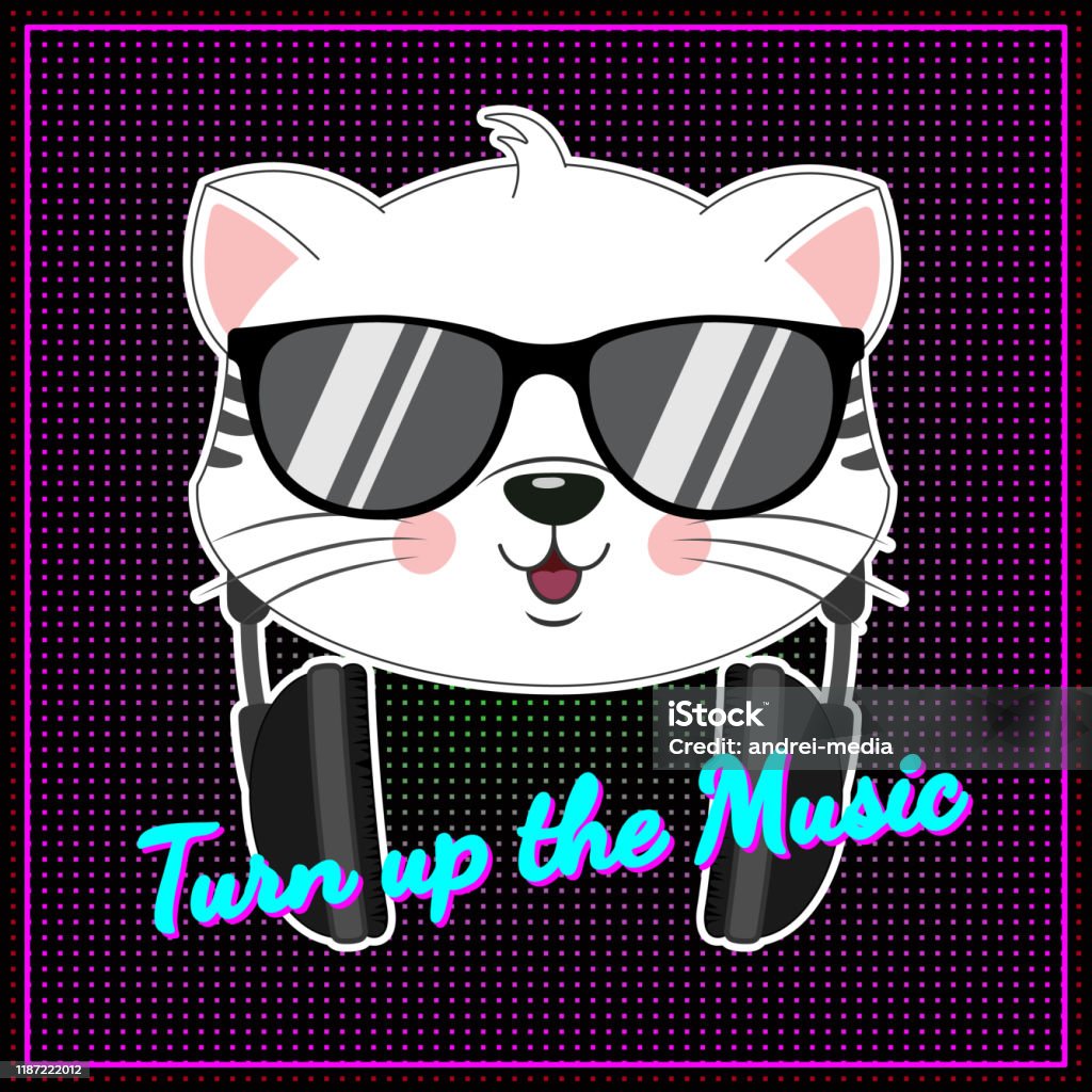 Beautiful Positive Cartoon Cat In Sunglasses Listen Music Stock  Illustration - Download Image Now - iStock