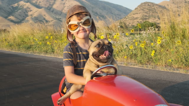 Boy and his Dog in Toy Racing Car