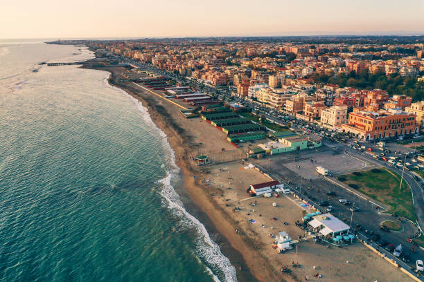 Aerial view of Ostia beach near Rome, Italy. Beautiful sea, coast and city view from above, drone photo stock photo