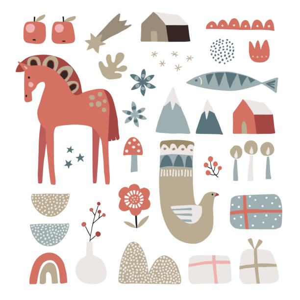 набор рождественских скандинавских животных и природных элементов. дала лошадь, голубь птица, рыба, подарочные коробки, цветы, свечи и ягод� - dala horse stock illustrations