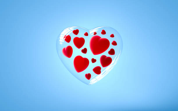 파란색 배경에 빨간 하트 - 유리 - 3d 렌더링 - 그림 - glass heart 뉴스 사진 이미지