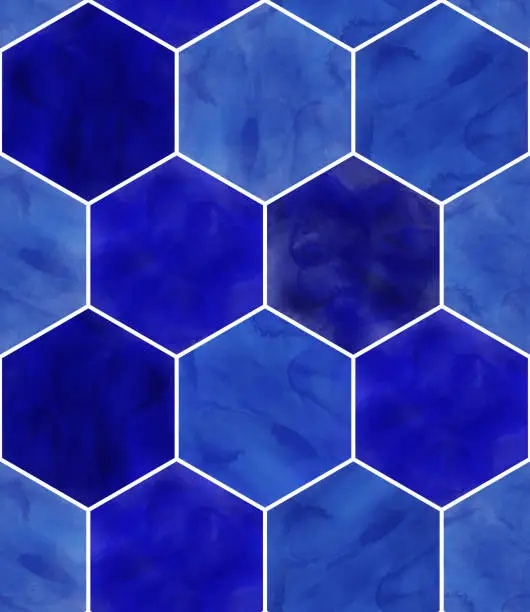 Vector illustration of Watercolor Blue Hexagon Seamless Pattern. Abstract Background, Design Element.Vector Tile Honeycomb Pattern, Lisbon Arabic Geometric Hexagon Mosaic, Mediterranean Seamless Navy Blue Ornament.