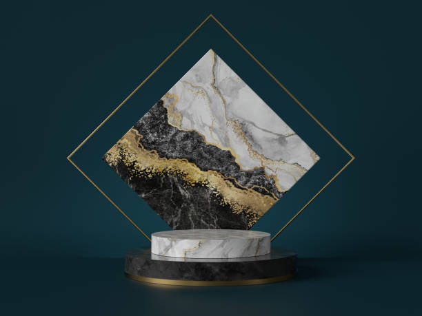 istock 3d render, abstract green background with black white marble texture, gold foil. Cylinder pedestal, podium, showcase stand. Square slab, rhombus shape, art deco design, luxury minimal mockup 1187229377