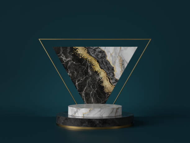 istock 3d render, abstract green background with black white marble texture, gold foil. Cylinder pedestal, podium, showcase stand. Triangular slab, triangle shape, art deco design, luxury minimal mockup 1187229444