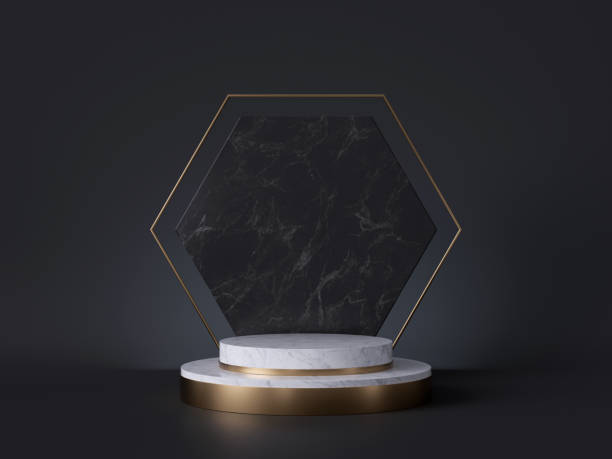 3d render, white marble pedestal isolated on black background, art deco hexagonal gold frame, cylinder steps, abstract honeycomb concept, blank space, clean fashion design, luxury minimal mockup