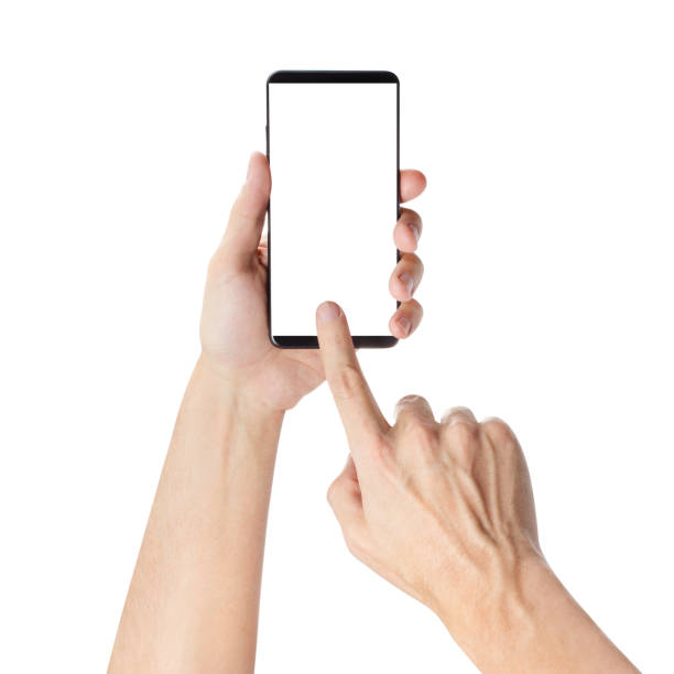 istock Hands holding and touching smartphone on white 1187231535
