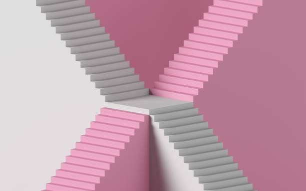 3d rendering of white staircase isolated on pink background. Blank platform. Minimal concept. Architectural design elements.