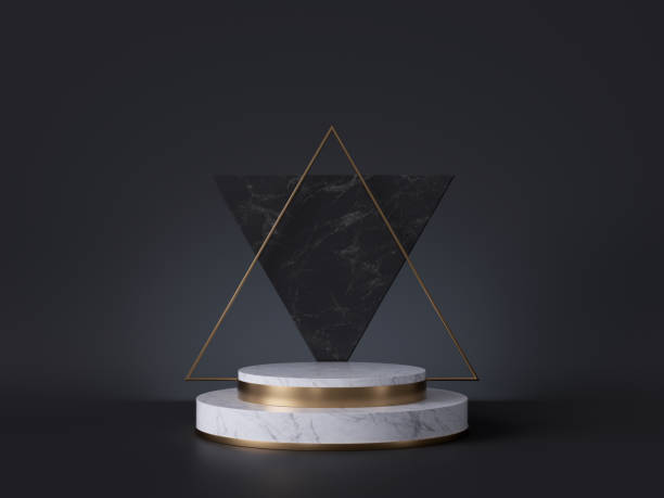 istock 3d render, white marble pedestal isolated on black background, triangular art deco gold frame, cylinder steps, abstract triangle concept, blank space, clean fashion design, luxury minimal mockup 1187231643