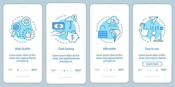 преимущества программного обеспечения на экране страницы мобильного приложения с линейными концепциями - affordable stock illustrations