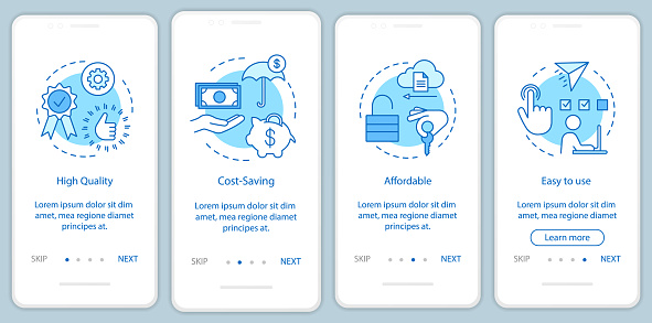 Software benefits onboarding mobile app page screen with linear concepts. Financial tools and advantages walkthrough steps graphic instructions. UX, UI, GUI vector template with illustrations