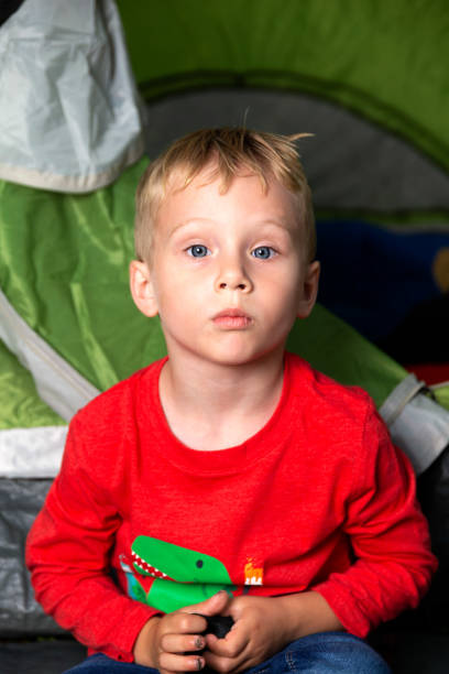 1 Little Boy Plays Alone in His Backyard Inside of a Green Camping Tent stock photo