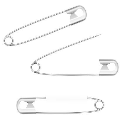 Safety pins, open, closed and pierced. Silver metallic houshold equipment. Isolated vector illustration on white background.