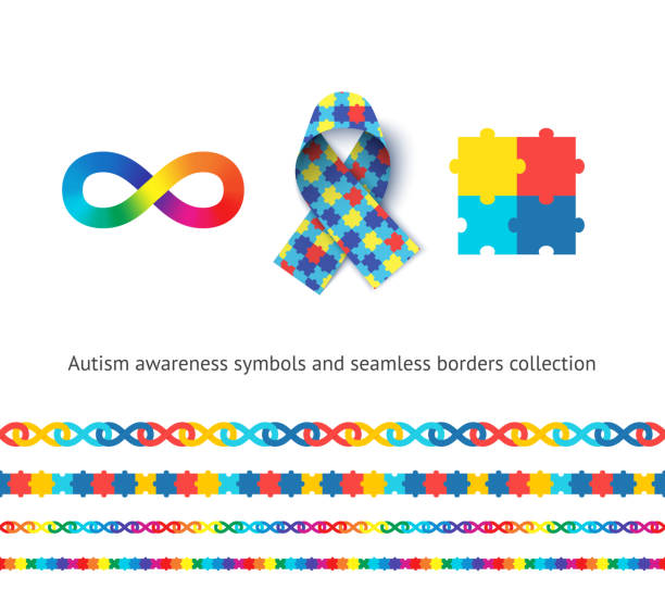 Autism awareness symbols and seamless borders set. Autism awareness symbols and seamless borders vector set. Children with concern medical illness tolerance concept. Colorful jigsaw puzzle, awareness ribbon and flamboyant infinity sign illustrations autism stock illustrations