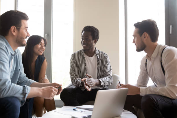 istock Diverse employees team discussing strategy, sharing startup ideas at briefing 1187245882