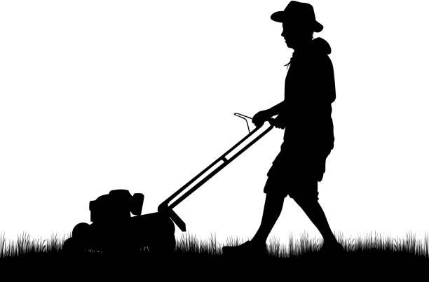 Man Mowing Lawn .Vector work. Man Mowing Lawn .Vector work. mower blade stock illustrations