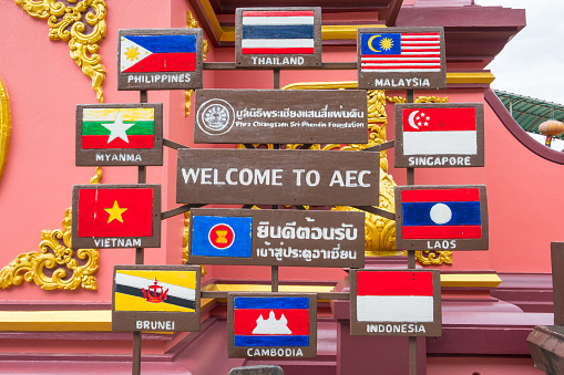 Chiang Rai, Thailand : 06-18-2019 : The symbol of ASEAN flag in golden triangle of Thailand.