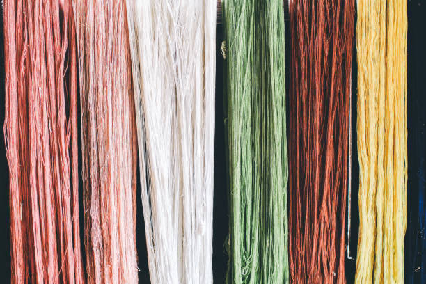 istock colorful thread raw silk cloth dye from natural color material for woven, handicraft thai style multi Color of Silk worm Threads Details of natural colourful silk thread fiber with natural colour dye process. Traditional sericulture Thai silk making in Co 1187256335