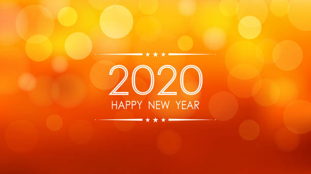 glückliches neues jahr 2020 mit bokeh und linse flare muster auf sommer orange farbe hintergrund - orange backgrounds stock-grafiken, -clipart, -cartoons und -symbole