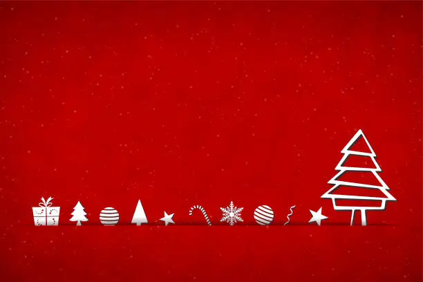 Vector illustration of A horizontal vector illustration of a creative bright red color xmas background with a slit or cut in the middle and white colored Christmas tree and ornaments arranged over it with a lot of space for copy text