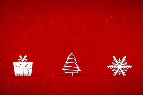 Vector illustration of A vector illustration of white colored Christmas present gift box with a bow , tree and a snowflake slid into three slits over bright red color xmas background