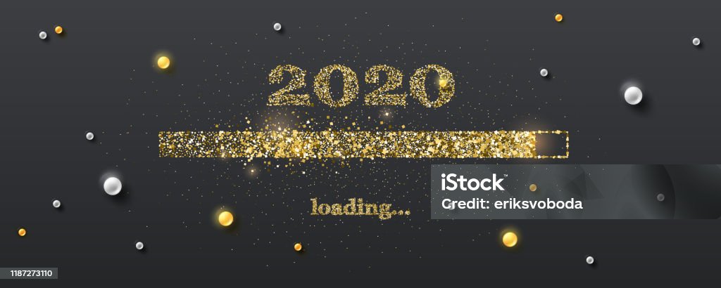 Golden loading bar with transition to 2020 new year on black background. Happy New Year and Christmas card with glittering progress bar and gold and white pearls. Vector illustration EPS10. Golden loading bar with transition to 2020 new year on black background. Happy New Year and Christmas card with glittering progress bar and gold and white pearls. Vector illustration EPS10 Downloading stock vector