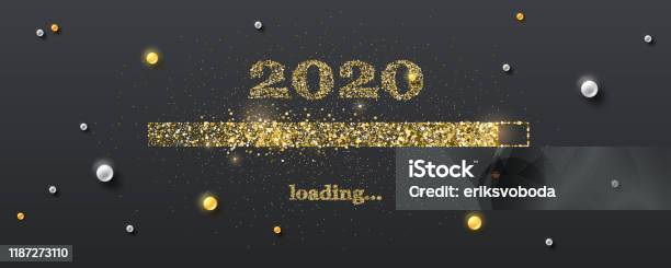 Golden Loading Bar With Transition To 2020 New Year On Black Background Happy New Year And Christmas Card With Glittering Progress Bar And Gold And White Pearls Vector Illustration Eps10 Stock Illustration - Download Image Now