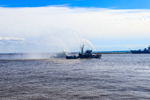 istock Extinguishing a burning ship during naval exercises 1187280678