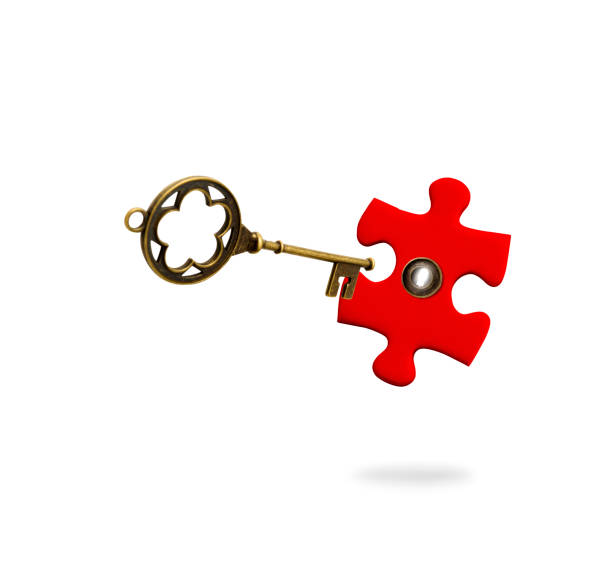 빨간 직소 퍼즐의 열쇠 구멍에 골동품 골격 키를 삽입 - business relationship skeleton key key puzzle 뉴스 사진 이미지
