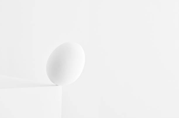 Egg standing on the edge of a table and falling down on white background. Concept of risk or suicide.