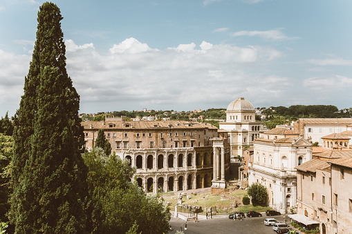 Panoramic view of city Rome with Roman forum and Theatre of Marcellus (Teatro Marcello) is an ancient open-air theatre in Rome