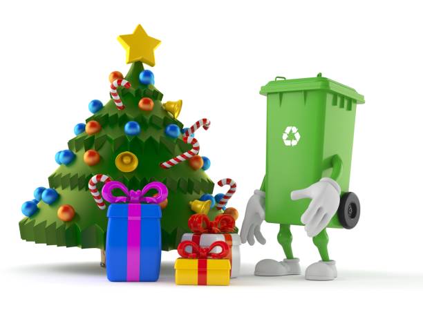 Dustbin character with christmas tree and gifts