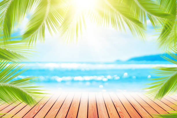 istock Blur tropical beach with bokeh sun light wave and palm tree on copy space empty old wood table abstract background. 1187288958