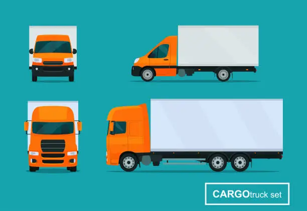 Vector illustration of Cargo trucks set. Side view and front view. Vector flat style illustration.