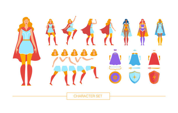 Female Superhero Character Constructor Flat Vector Superwoman Character Constructor Isolated, Trendy Flat Design Elements Set. Female Superhero in Various Poses, Body Parts, Face Expressions, Colorful Cape, Face Mask, Shield and Weapon Illustrations african warriors stock illustrations