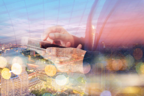 istock Business Technology Telecommunication and Communication 5G Network Connection Concept, Double Exposure of Businesswoman Using Mobile Phone With Graphic Media Screen and Cityscape Skyscrapers. 1187301889