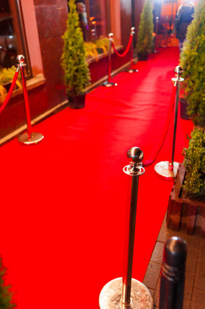 istock Long red carpet between rope barriers on entrance. 1187304799