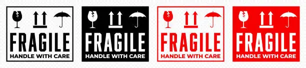 Vector illustration of Fragile box, handle with care logistics package vector icons set. Fragile cargo shipping warning, glass, keep dry umbrella and this side up vector signs