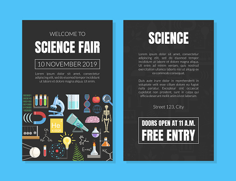 Welcome to Science Fair Invitation Card Template, Scientific Conference Advertising Flyer, Poster, Promotional Material Vector Illustration, Web Design.