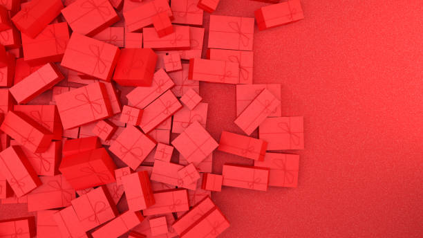 3D Red Gift Boxes with Red Color Ribbon on Red Background