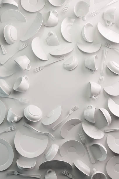 White Food background concept for design menu restaurant or cafe. Copy space for your logo. Food flyer. Ceramic Plates and Dishes. White coffee mugs and saucers on a white background. 3d render