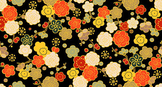 Japanese Colorful Flower Seamless Pattern